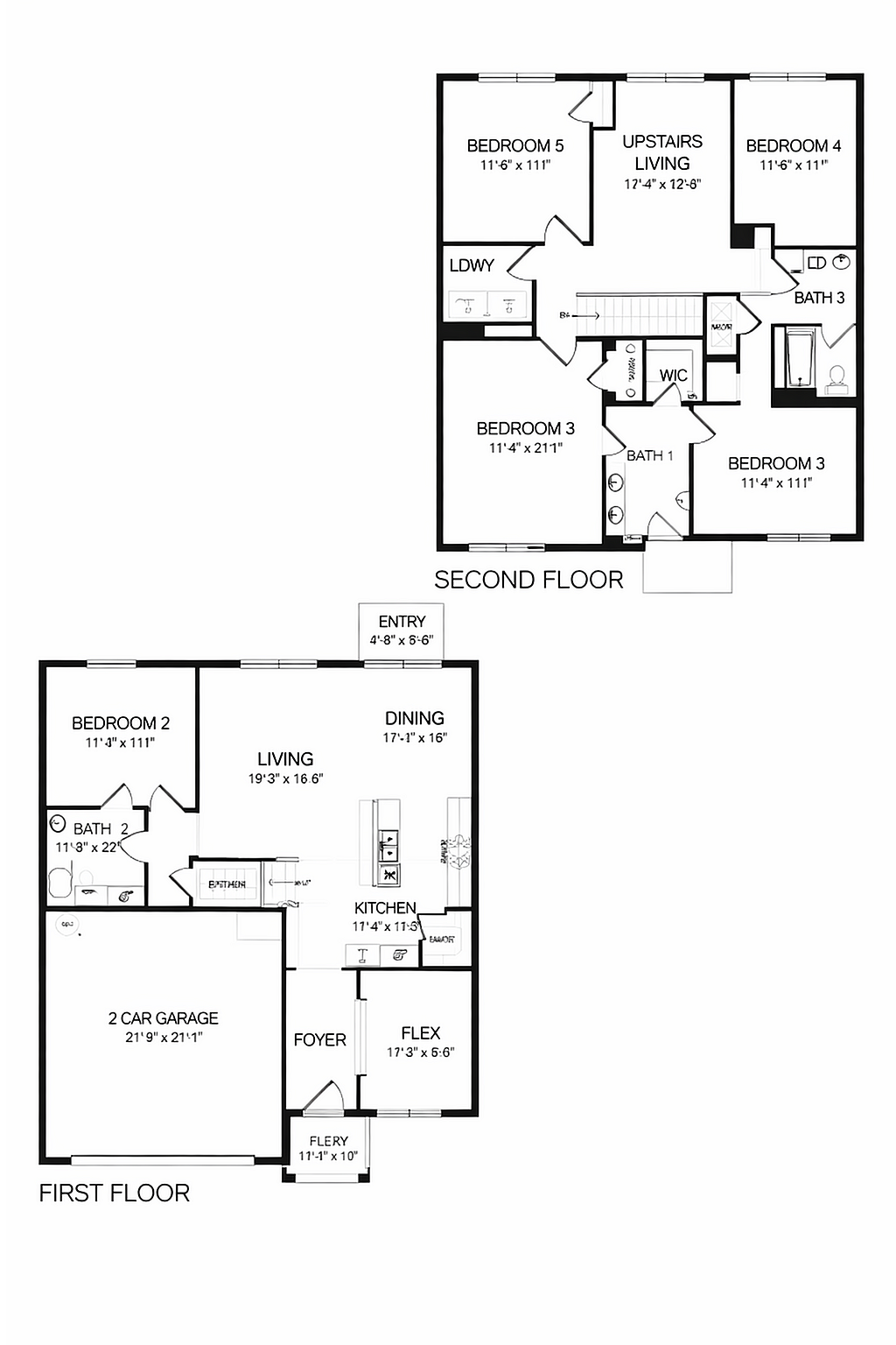 Inviting floor plan showcasing a spacious 5-bedroom home with an open-concept living area, modern kitchen, and a convenient 2-car garage. The second floor offers a cozy upstairs living space, perfect for family gatherings.