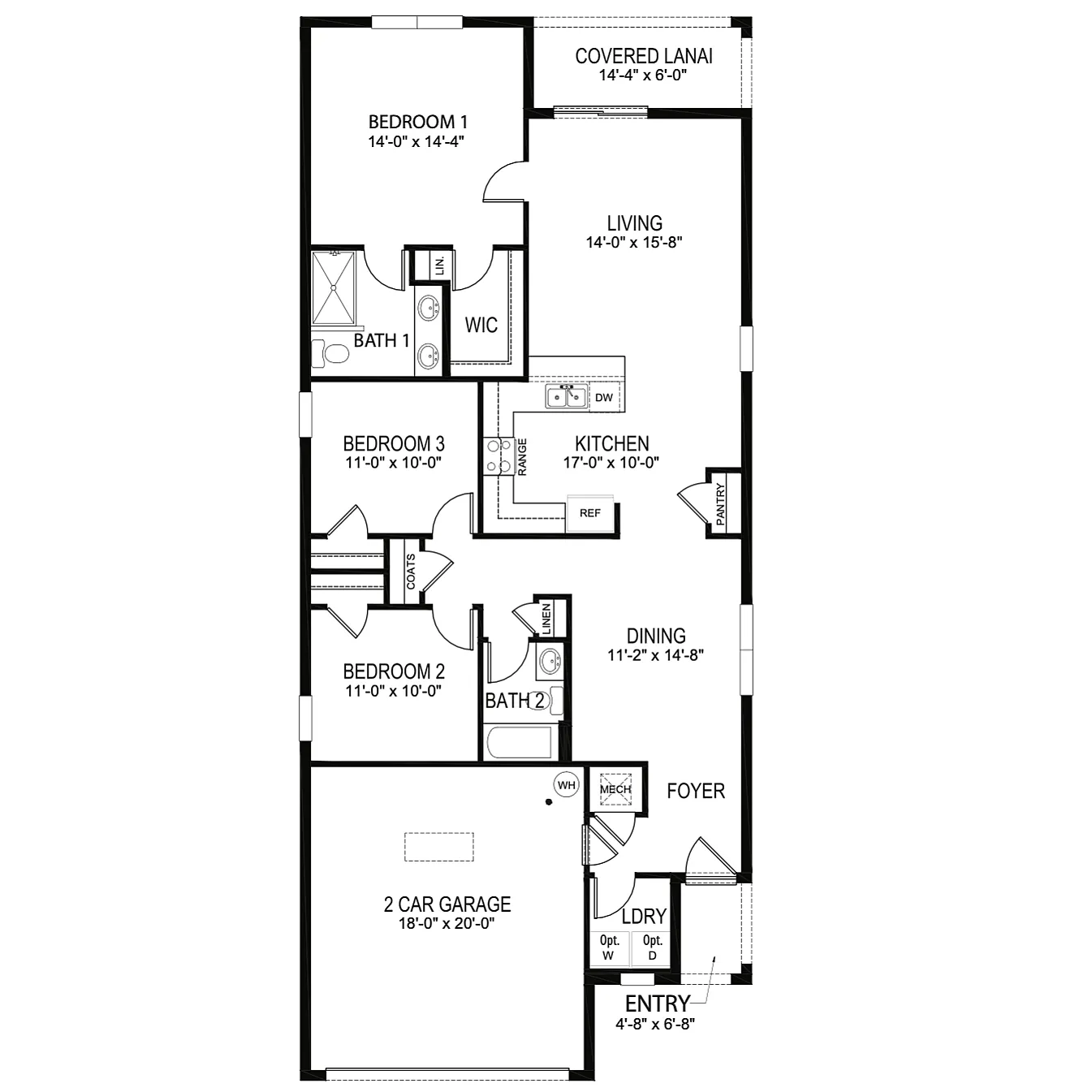 Elegant floor plan layout featuring 3 bedrooms, expansive living room, modern kitchen, dining area, 2 bathrooms, covered lanai, and a spacious 2-car garage.