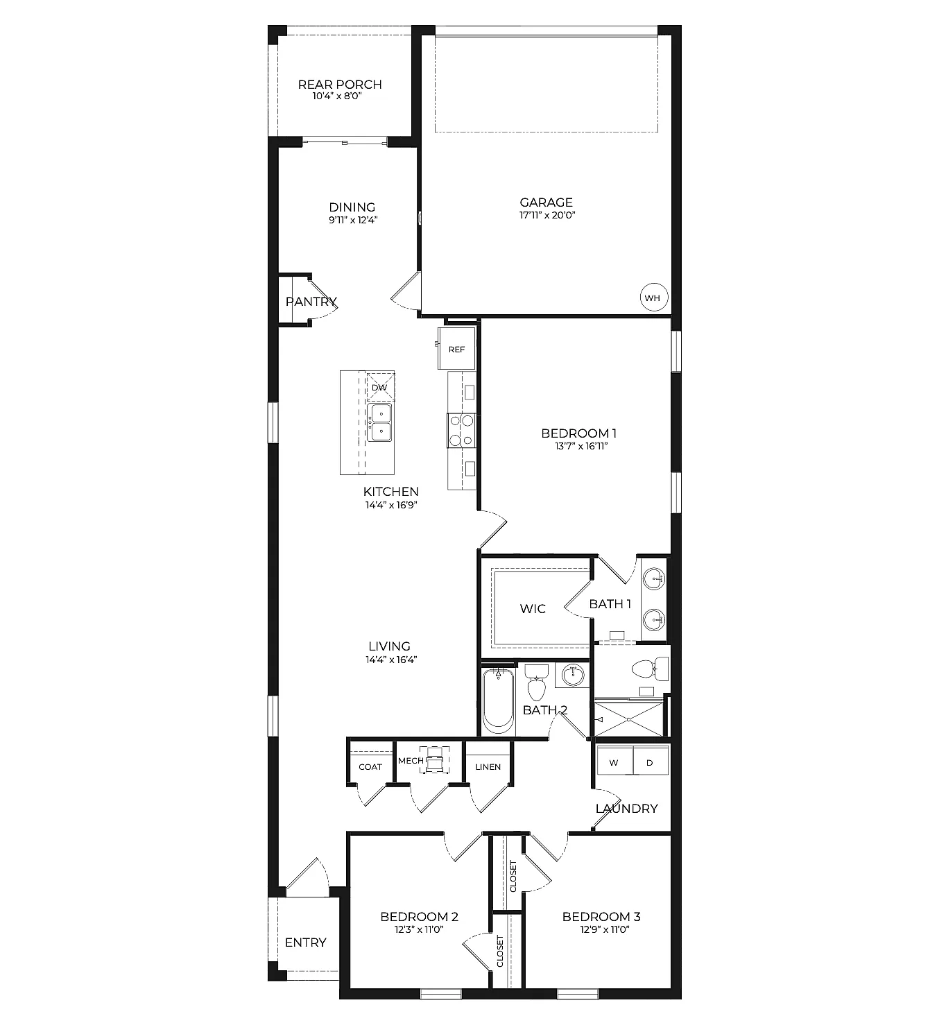 Spacious floor plan featuring 3 bedrooms, 2 baths, open living area, modern kitchen with island, rear porch, and a two-car garage.