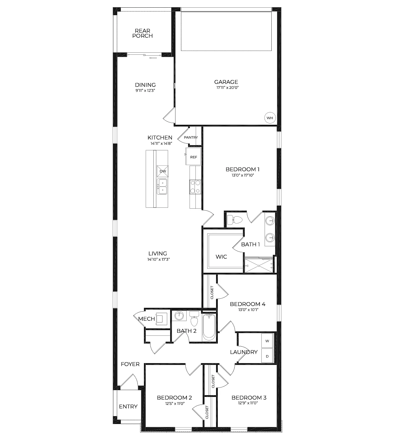 Spacious floor plan featuring 4 bedrooms, a modern kitchen with island, inviting living area, and convenient rear porch.