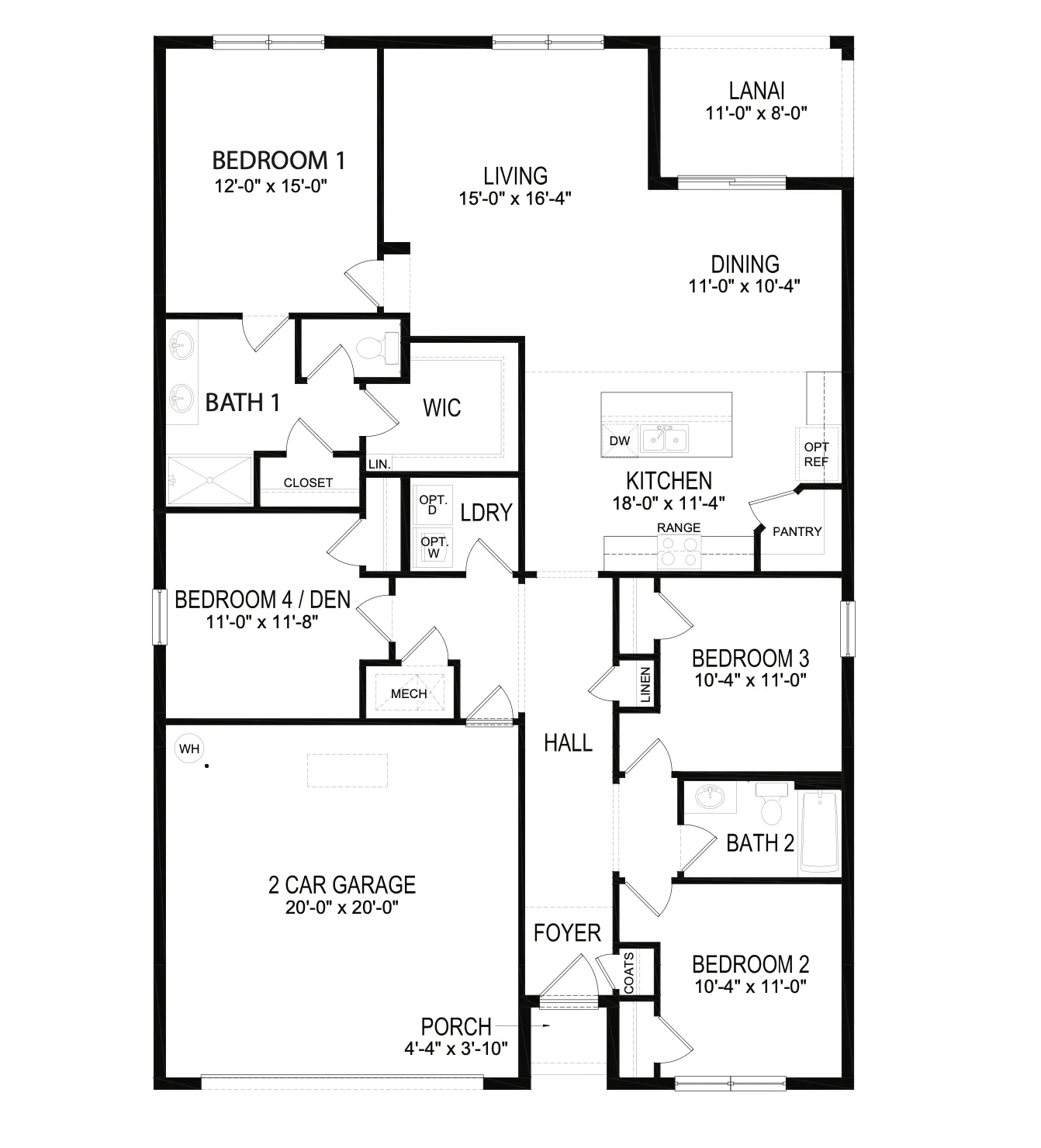 Spacious floor plan featuring 3 bedrooms, a versatile den, open living area, modern kitchen, and 2-car garage.