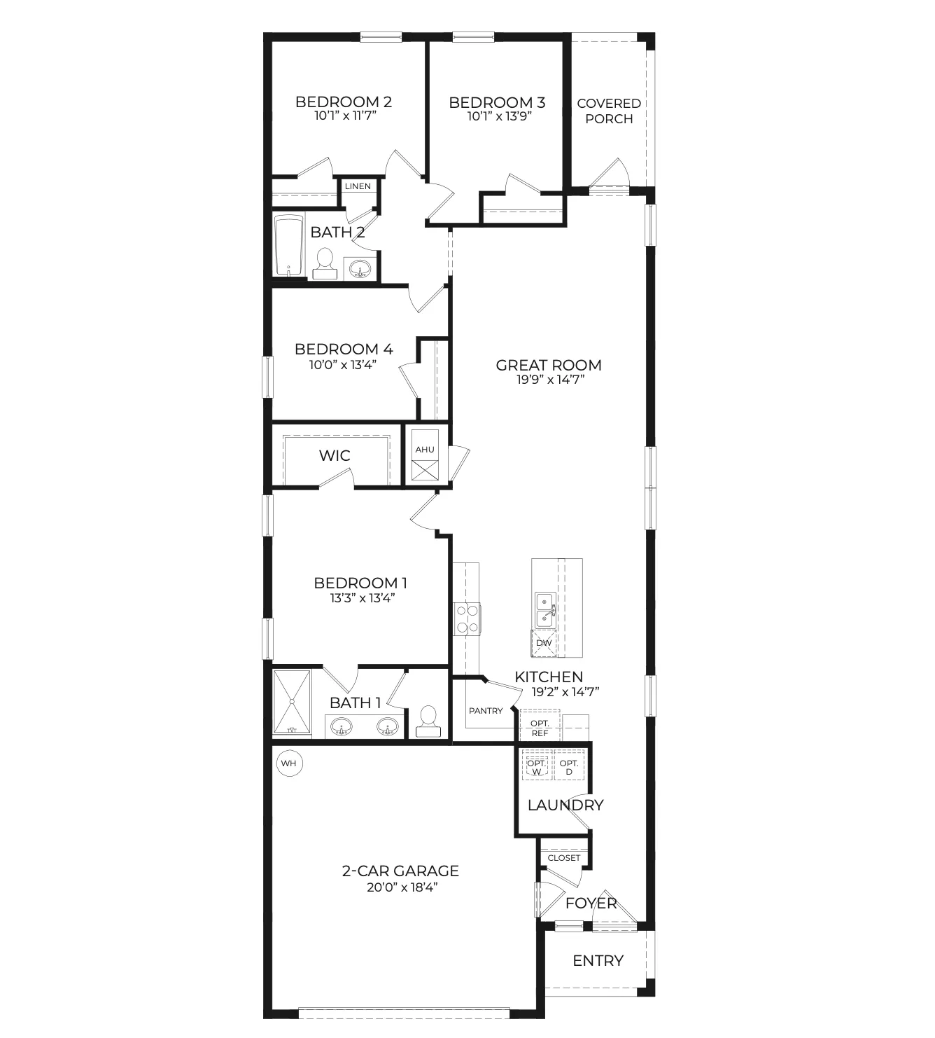 Modern floor plan showcasing 4 bedrooms, expansive great room, elegant kitchen, and a 2-car garage. Includes 2 bathrooms, laundry area, and covered porch for enhanced living.