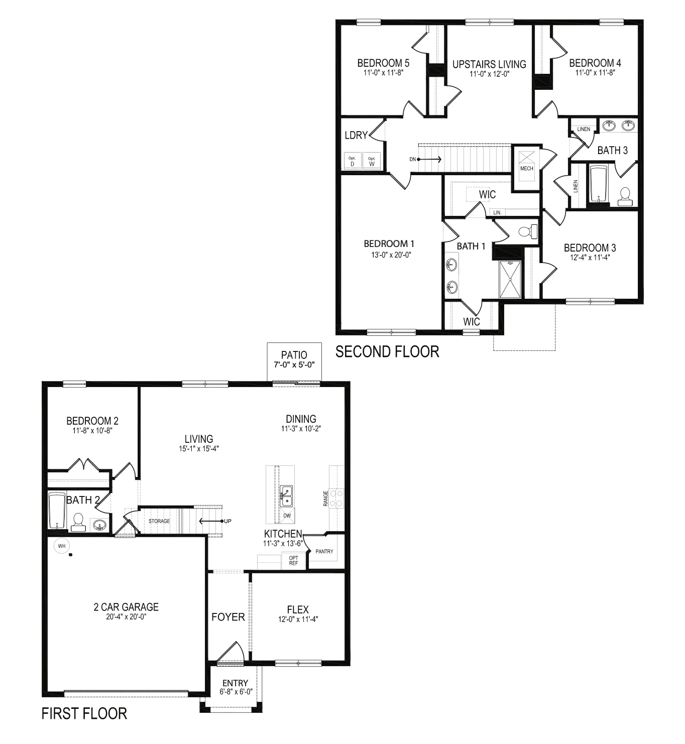 Modern dual-level floor plan showcasing 5 bedrooms, a spacious open-concept living area, an elegant kitchen with pantry, versatile flex room, and a 2-car garage.
