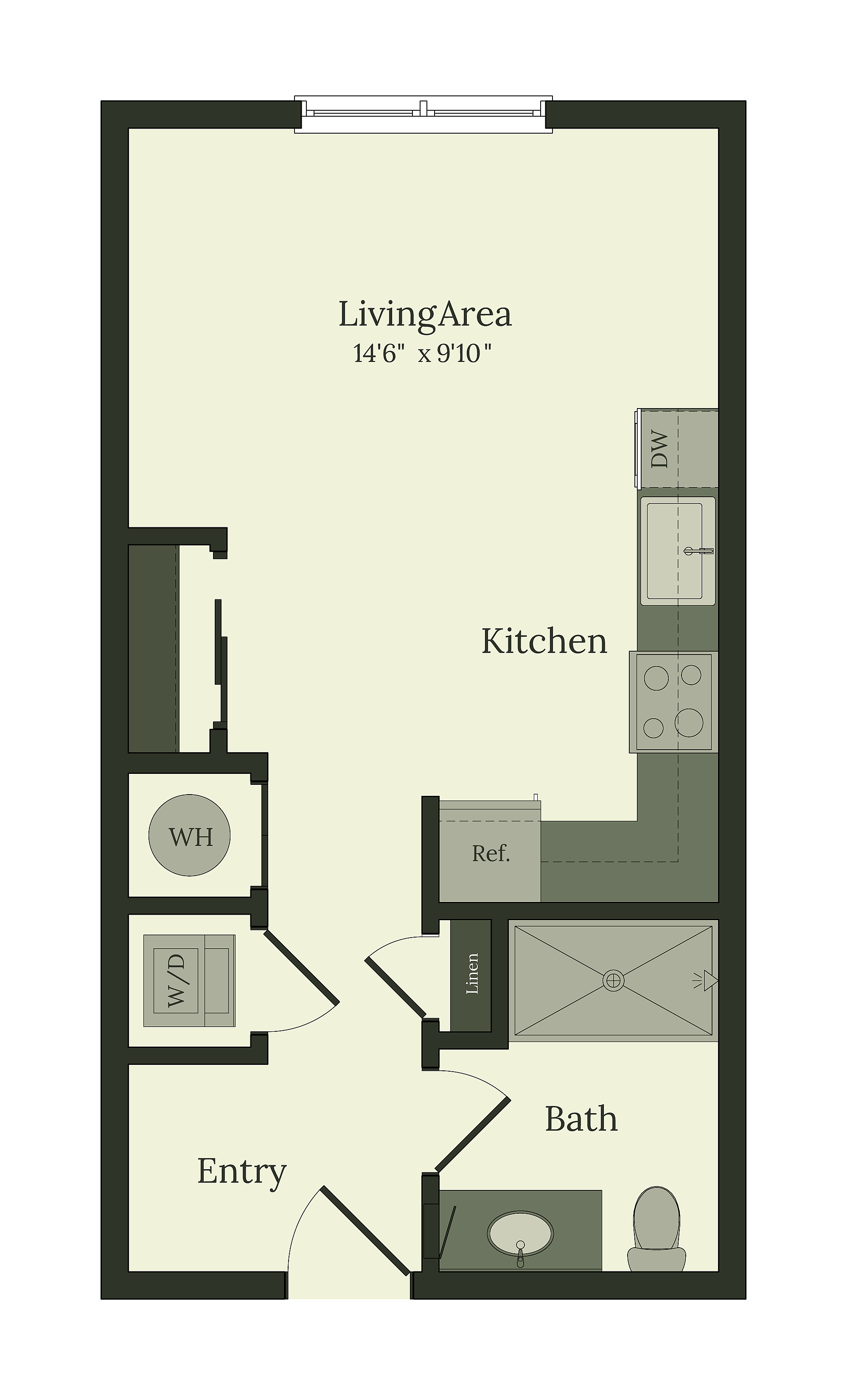 Efficient studio apartment floor plan featuring an open living area, modern kitchen with dishwasher, full bath, and convenient laundry facilities near entry.