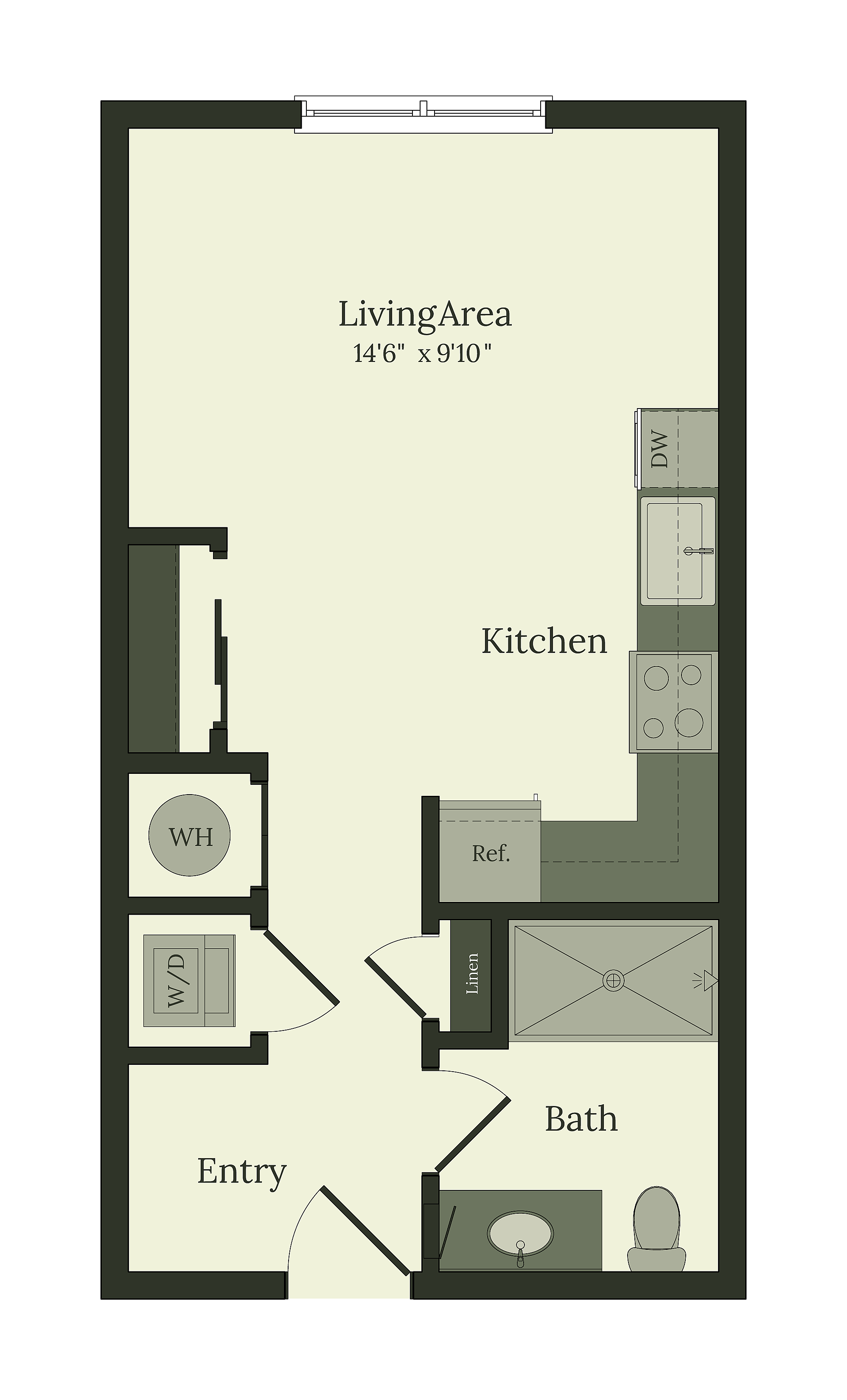 Chic floor plan featuring an open living area with kitchen, compact bath, and entry with washer/dryer for modern urban living.
