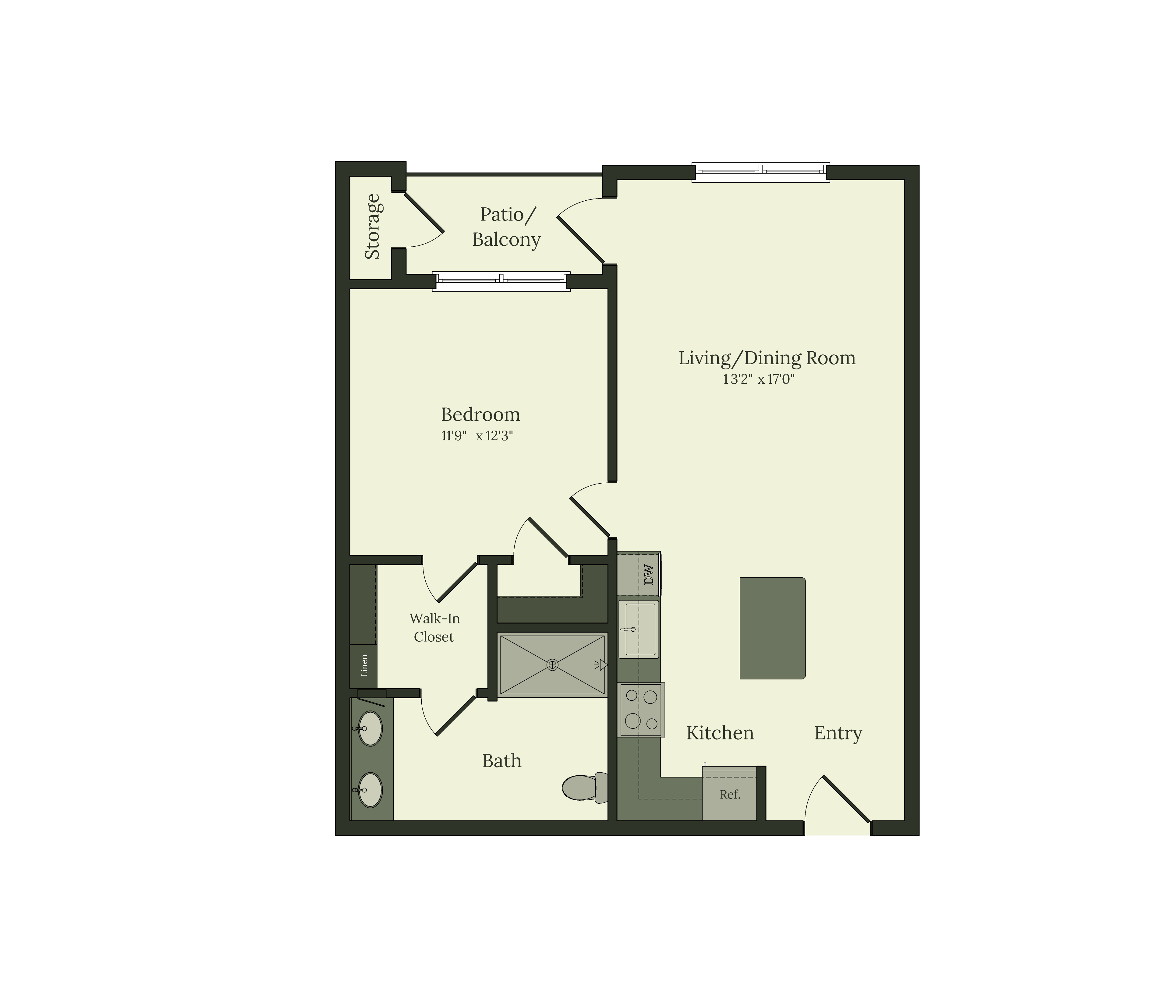 Elegant apartment floor plan showcasing a spacious living/dining room, comfortable bedroom with walk-in closet, modern kitchen, and inviting patio/balcony.