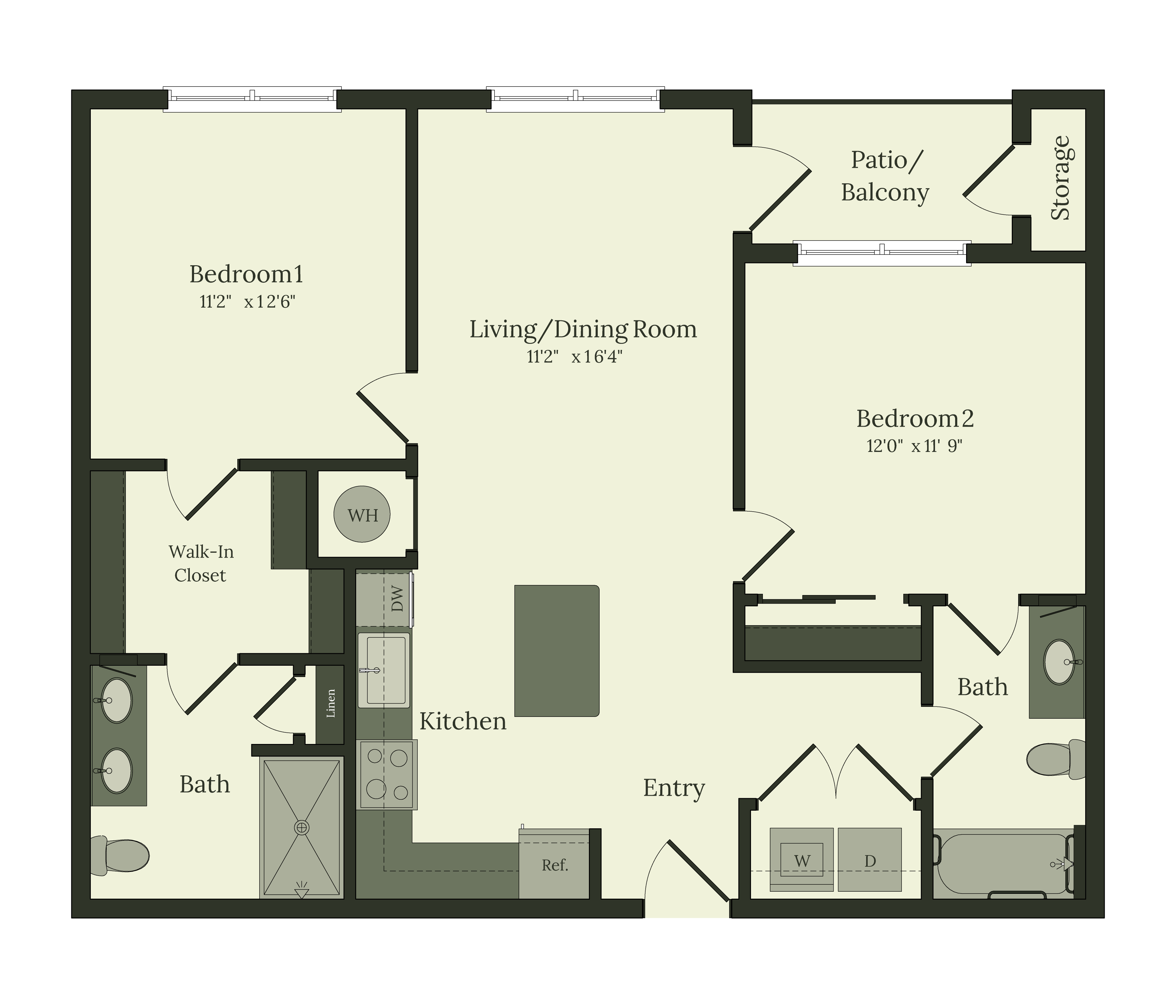 Modern floor plan featuring 2 spacious bedrooms, open-concept living and dining area, and a private patio with additional storage.