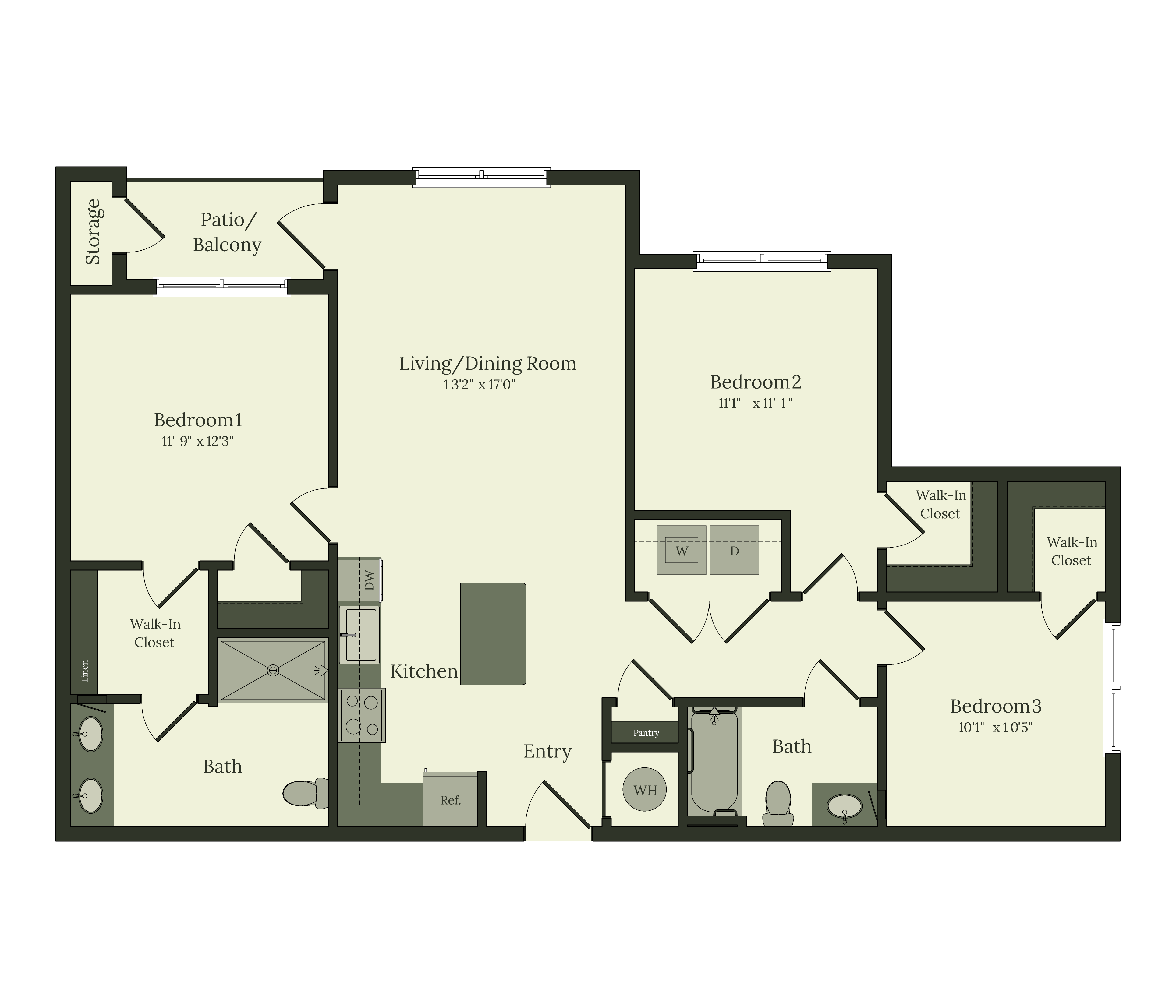 Inviting floor plan showcasing 3 spacious bedrooms, a cozy living/dining area, and a functional kitchen. Features include a patio, multiple walk-in closets, and two modern baths.