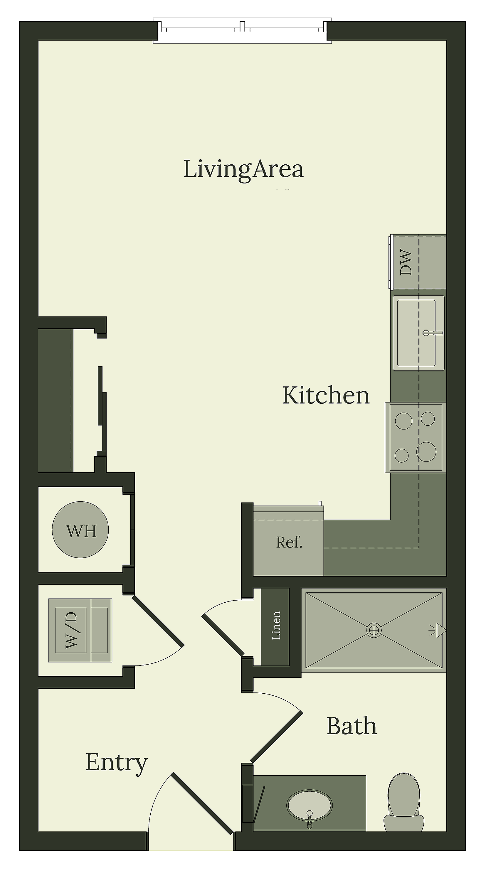 Modern open-concept floor plan featuring a spacious living area, well-equipped kitchen, and elegant bathroom with entry storage options.