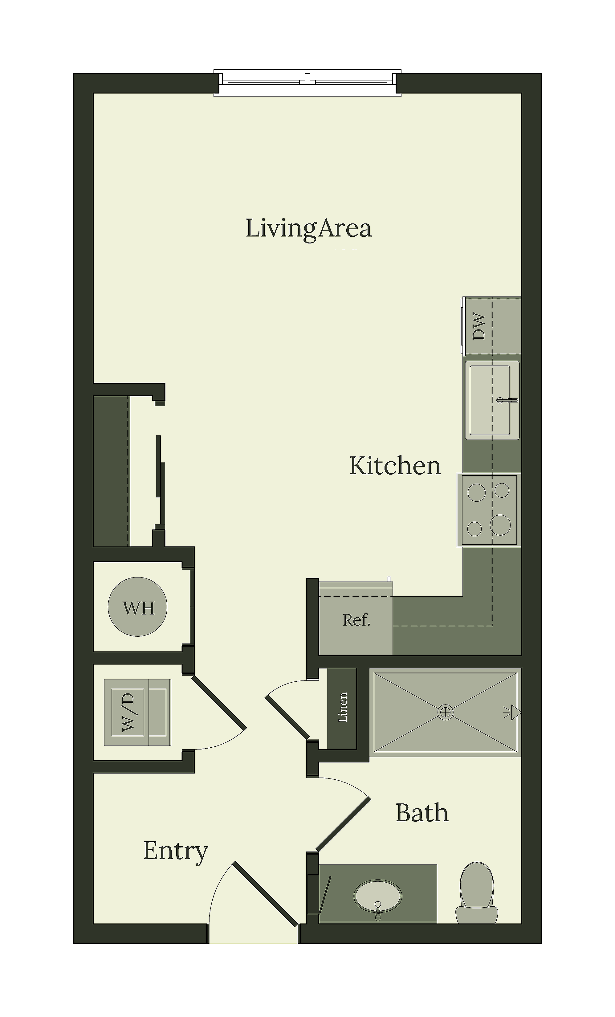 Elegant studio apartment floor plan featuring an open living area, modern kitchen with appliances, and a well-appointed bathroom.
