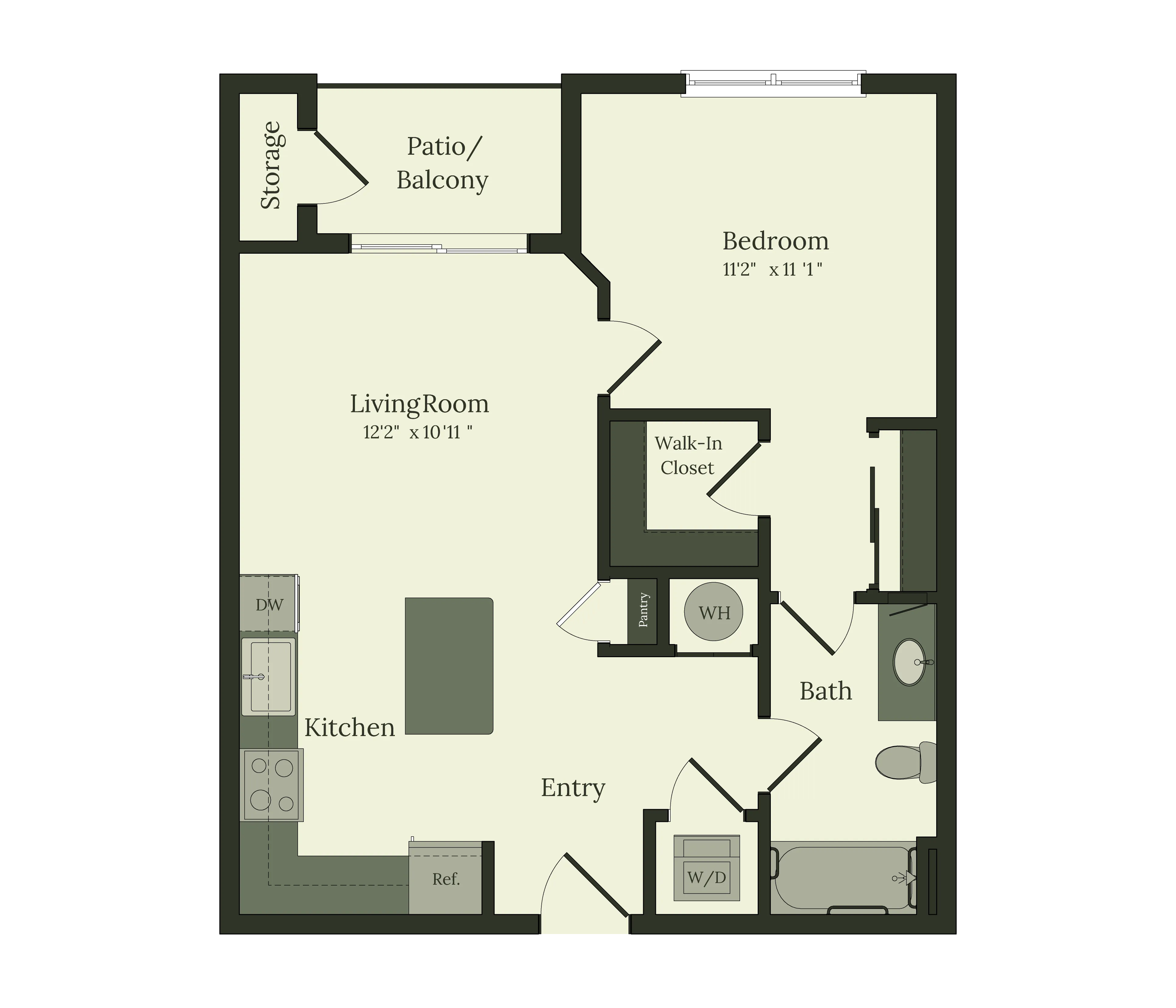 Charming 1-bedroom apartment floor plan featuring a spacious living room, modern kitchen with pantry, inviting patio, ample storage, and a convenient walk-in closet.