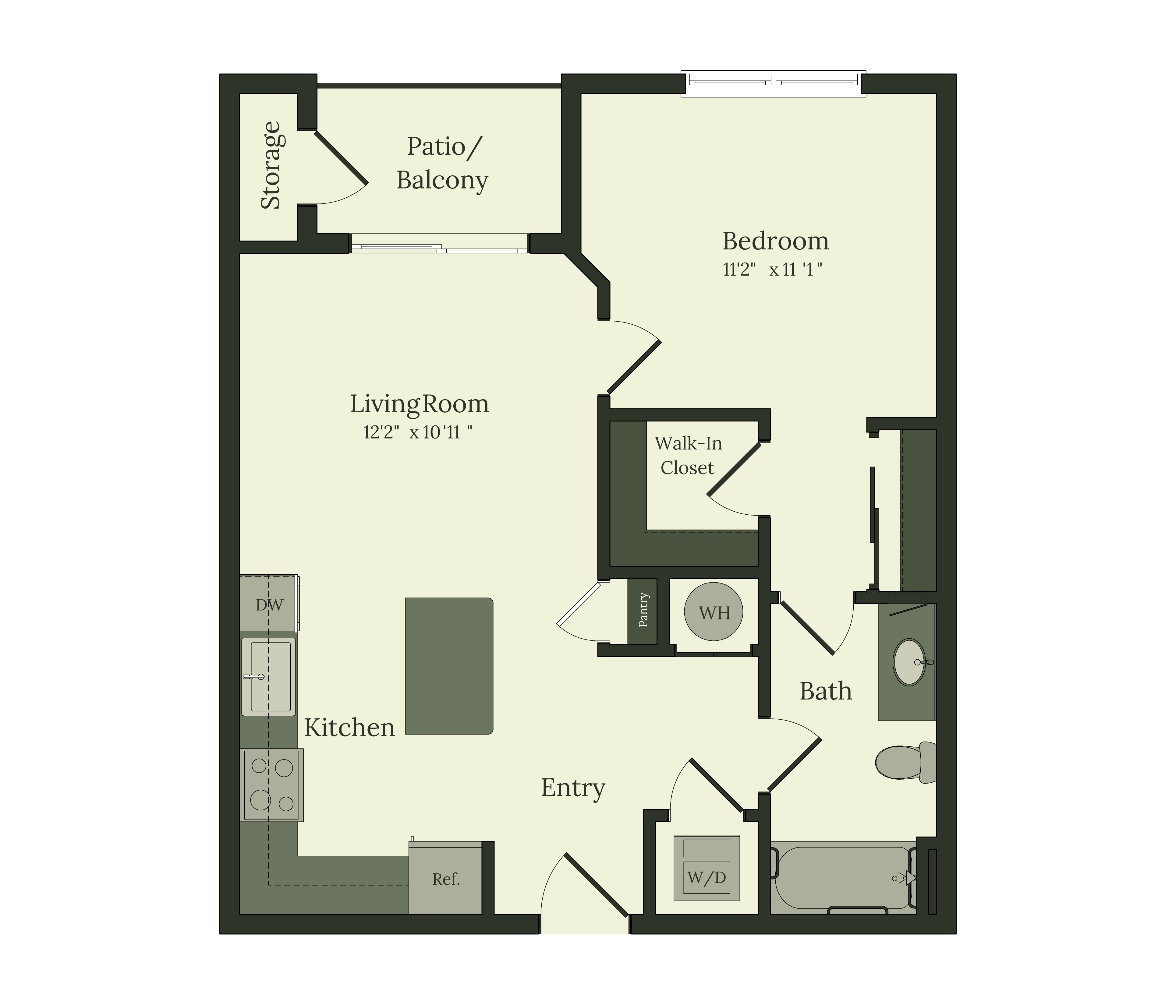 Elegant floor plan featuring a cozy bedroom with walk-in closet, open living room, modern kitchen, and a serene patio/balcony.