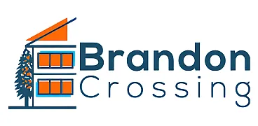 Modern Brandon Crossing logo featuring an abstract house design with vibrant orange accents.