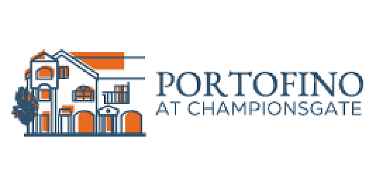Elegant logo for luxury apartment complex, Portofino at ChampionsGate, showcasing stylish architecture in blue and orange tones.