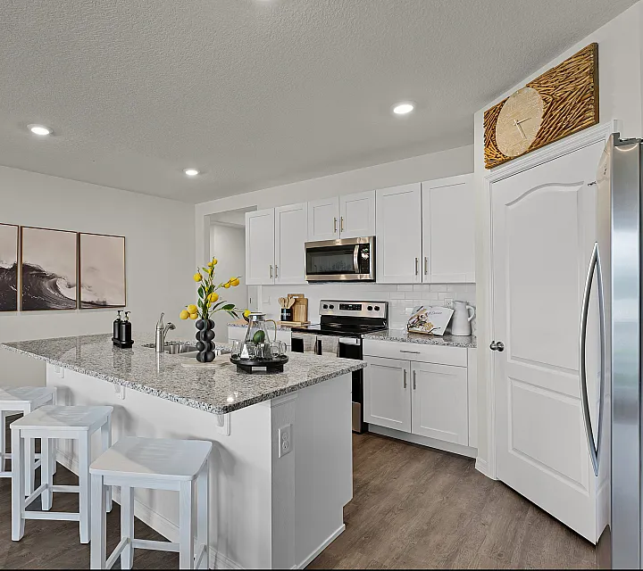 Modern kitchen with sleek granite countertops, elegant white cabinetry, and stainless steel appliances, enhanced by stylish decor and natural light.