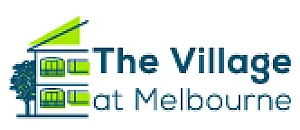 Modern logo for The Village at Melbourne featuring a stylized building, emphasizing community and contemporary living.