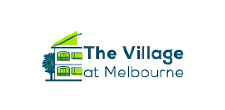 Inviting logo for The Village at Melbourne, featuring a stylized modern building and vibrant green accents.