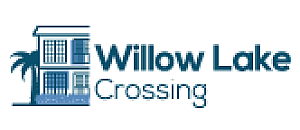 Willow Lake Crossing logo with an elegant blue illustration of a building and palm tree.