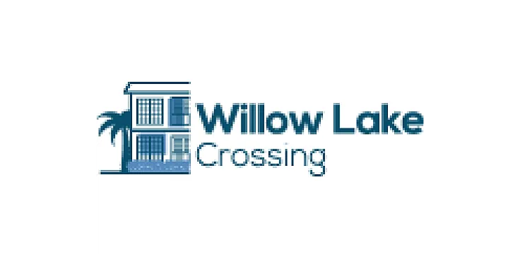 Elegant logo for Willow Lake Crossing, featuring a stylized building and palm tree in blue tones.