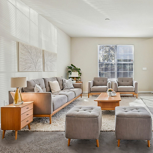 Bright and inviting living room with elegant mid-century modern furniture, featuring plush seating, a sleek TV, and vibrant natural light from large windows.