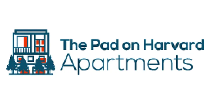 Charming logo for The Pad on Harvard Apartments featuring a cozy house graphic and modern typography.