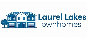 Elegant Laurel Lakes Townhomes logo featuring a stylized illustration of modern townhomes and a serene lakeside tree.