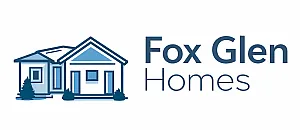 Fox Glen Homes logo featuring a stylish blue house silhouette with elegant typography.