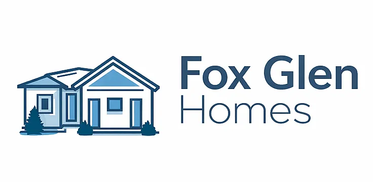 Charming blue house logo for Fox Glen Homes, symbolizing comfort and quality in home living.