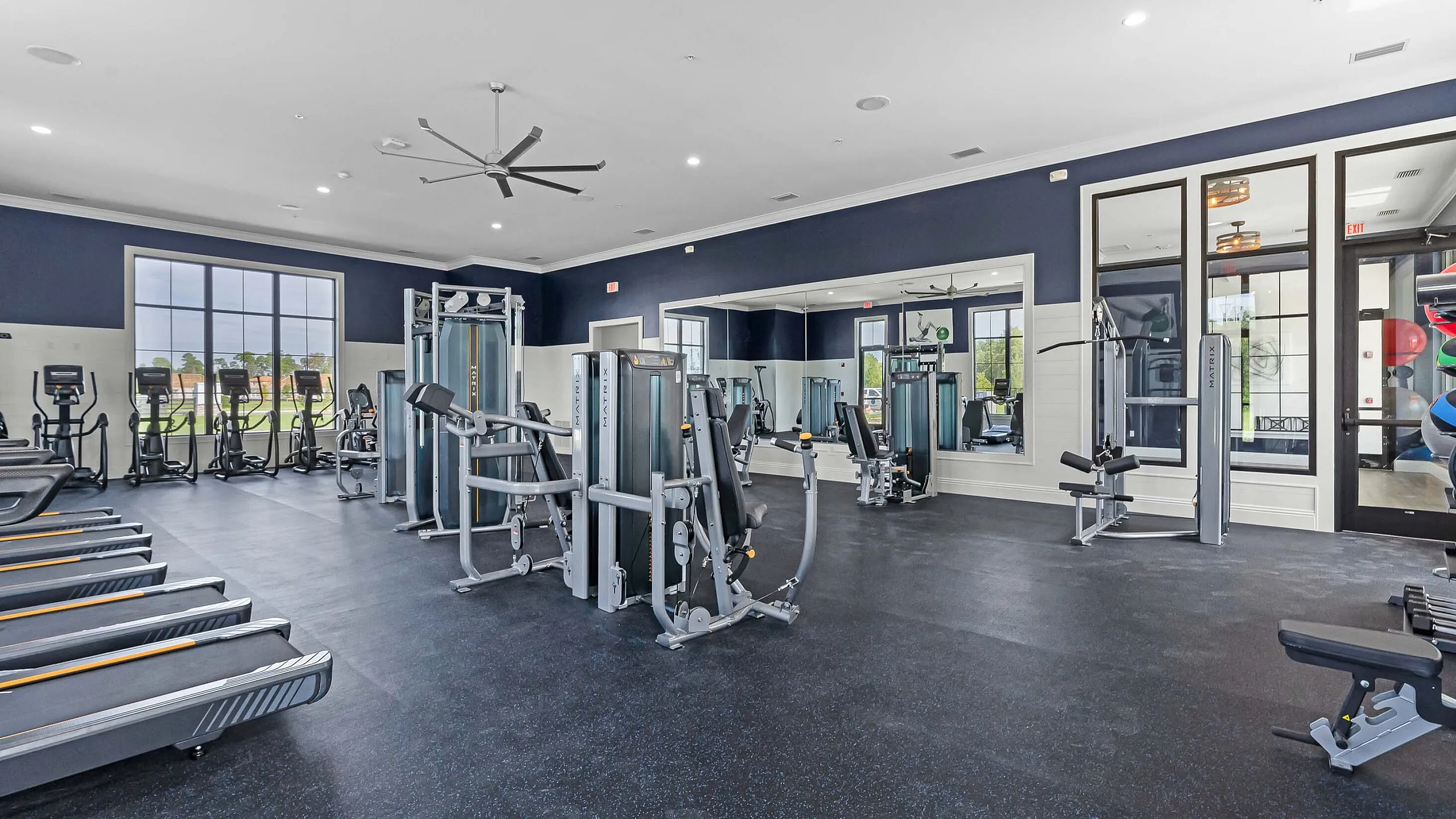 Modern fitness center equipped with state-of-the-art machines, free weights, and cardio equipment in a spacious, sunlit room.