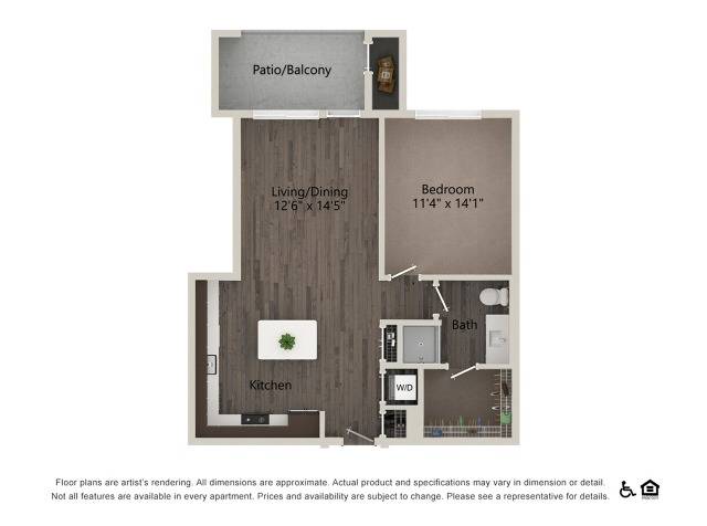 1 Bedroom 1 Bathroom 1C Floor Plan Image