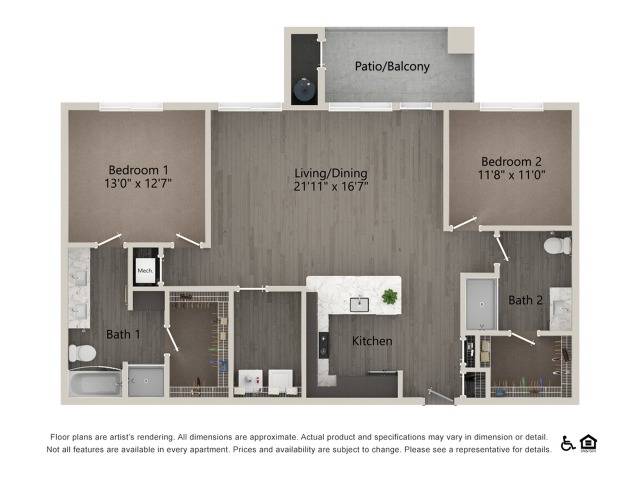 2 Bedroom 2 Bathroom 2V-Den Floor Plan Image