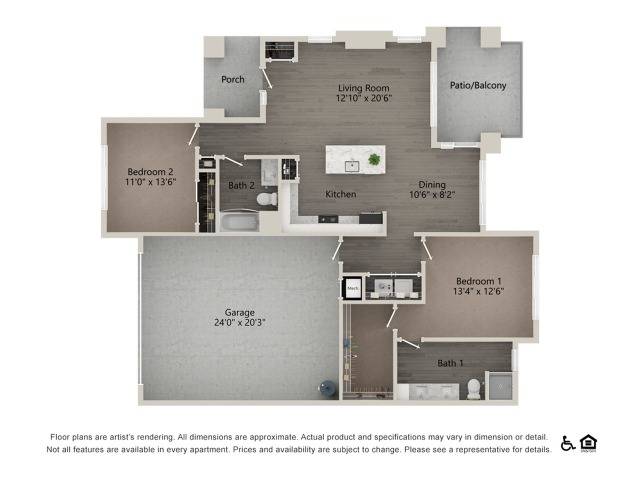 2 Bedroom 2 Bathroom 2C Floor Plan Image