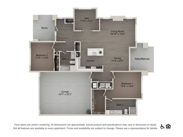2 Bedroom 2 Bathroom 2C-Den Floor Plan Image