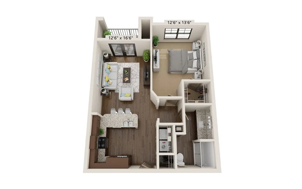 Modern 3D floor plan showcasing a spacious one-bedroom apartment with open-concept kitchen, cozy living area, and sleek bathroom.
