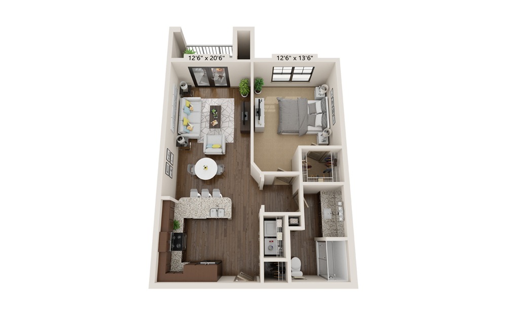 Charming 3D floor plan showcasing 1 bedroom, a spacious living room, modern kitchen, and cozy dining area with elegant layout.
