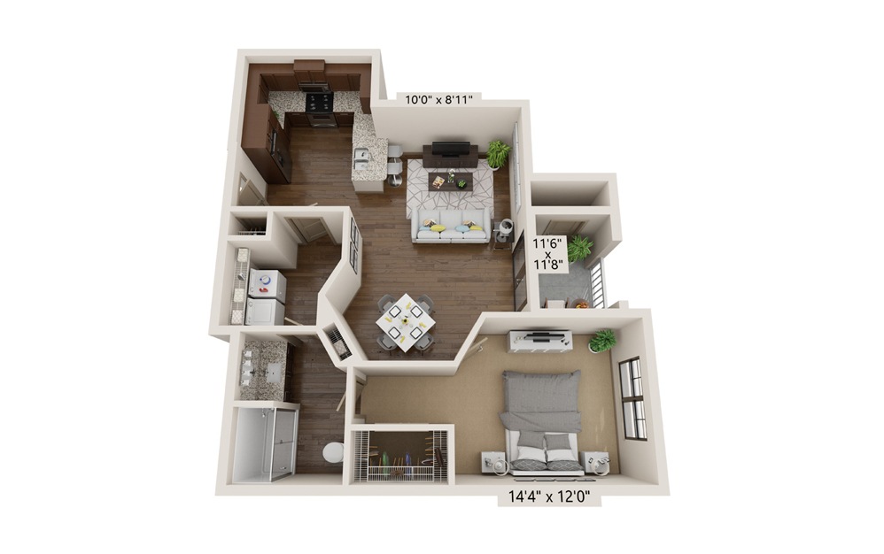 Modern 2D layout showcasing a sleek one-bedroom apartment with an open living area, contemporary kitchen, and stylish bathroom.