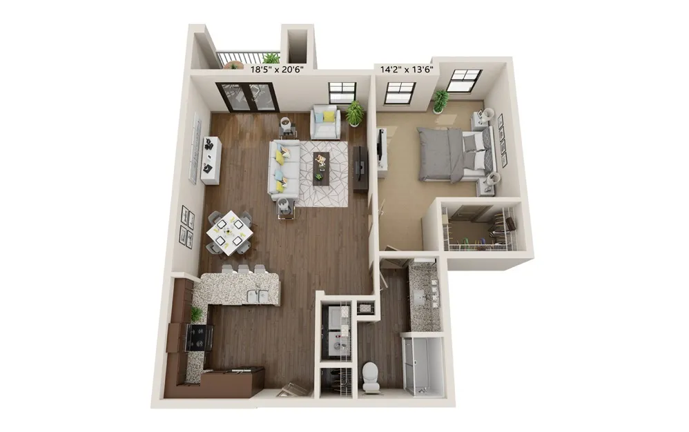 Chic 3D apartment layout showcasing a spacious living room, modern kitchen, cozy bedroom, and elegant bathroom.