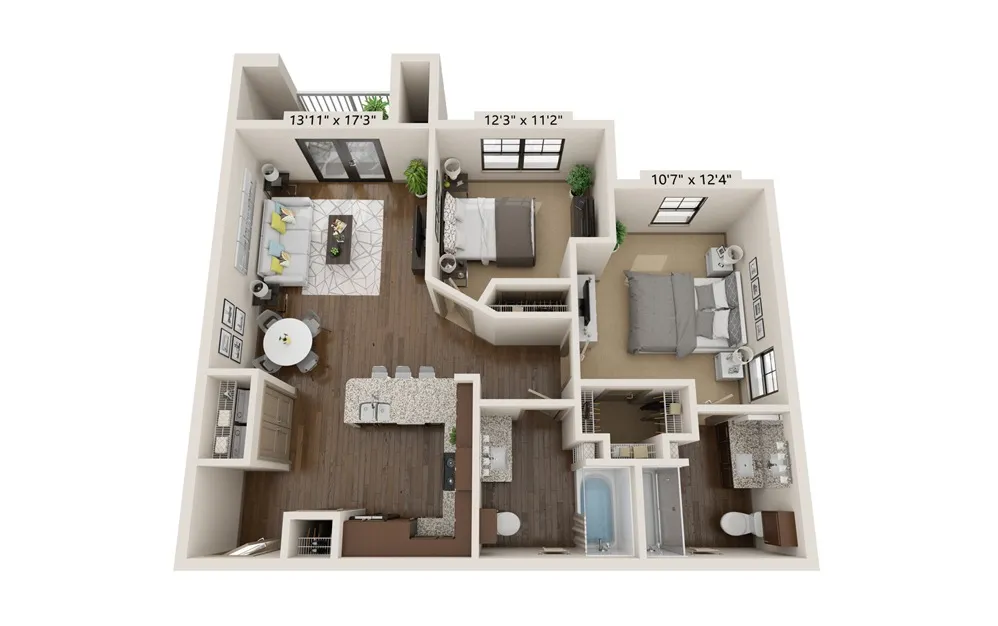Charming 3D floor plan featuring 2 cozy bedrooms, open living area, modern kitchen with island, and elegant bathroom layout.