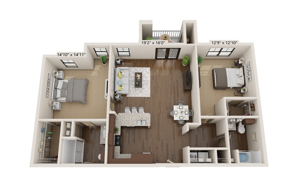Modern apartment floor plan showcasing 2 bedrooms, open-concept living and dining area, and a stylish kitchen with island seating.