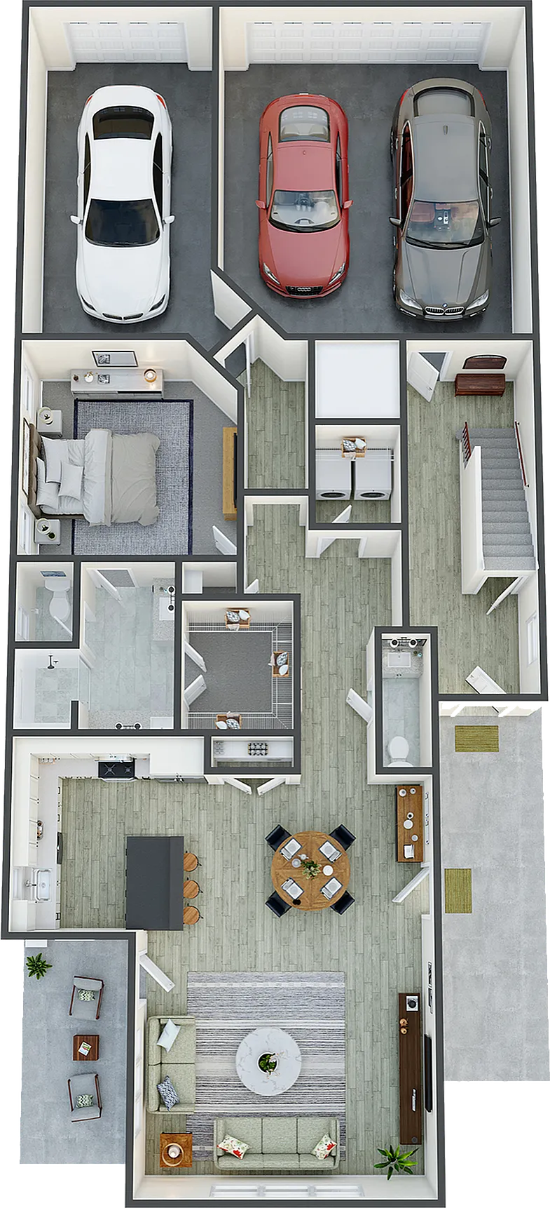 Elegant 3D floor plan with three-car garage, cozy bedroom, contemporary kitchen, and spacious living area featuring modern decor.