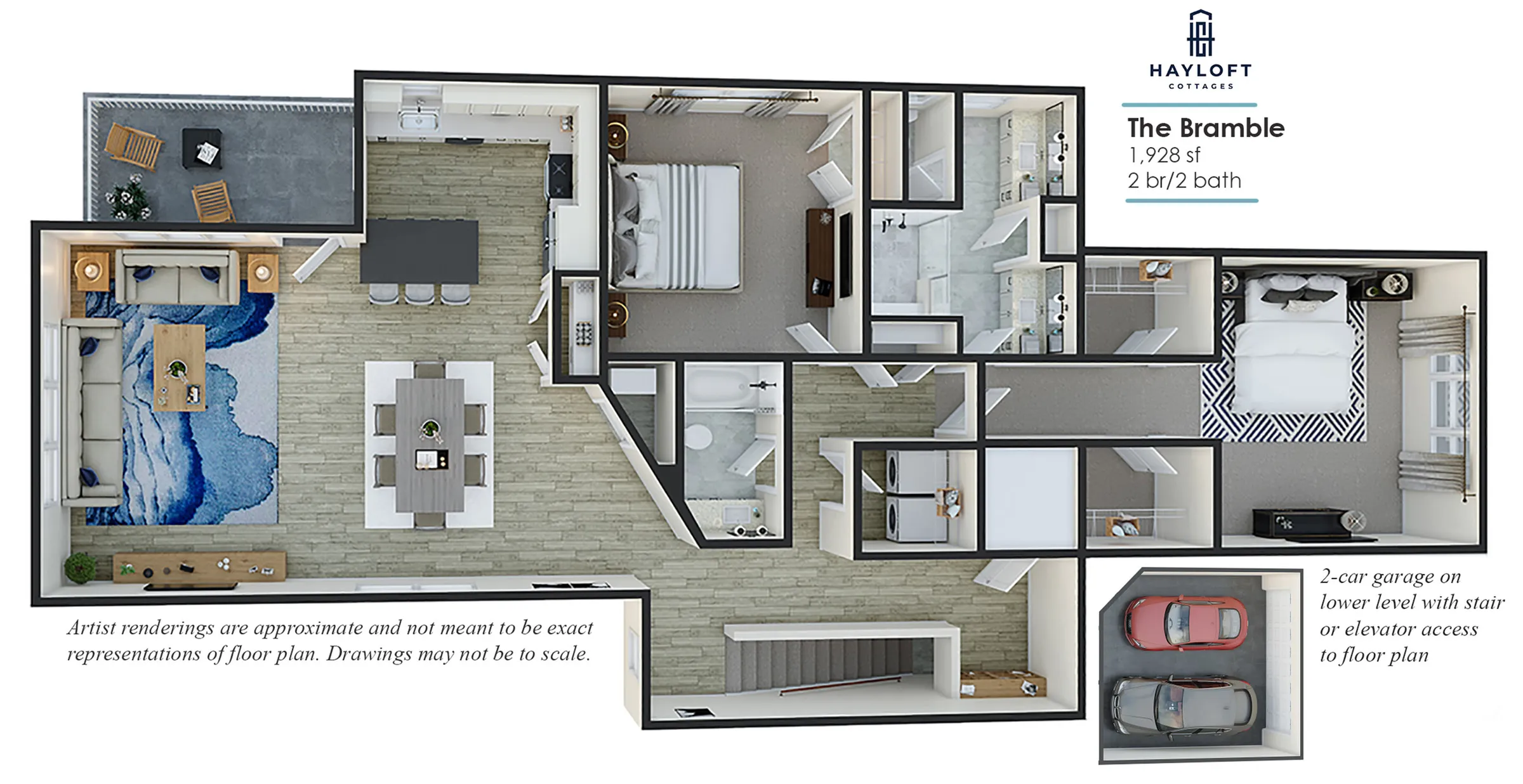Charming 3D floor plan of \'The Bramble\' featuring 2 bedrooms, 2 bathrooms, spacious living area, modern kitchen, and cozy patio; includes a 2-car garage. Total area of 1,928 sq ft.