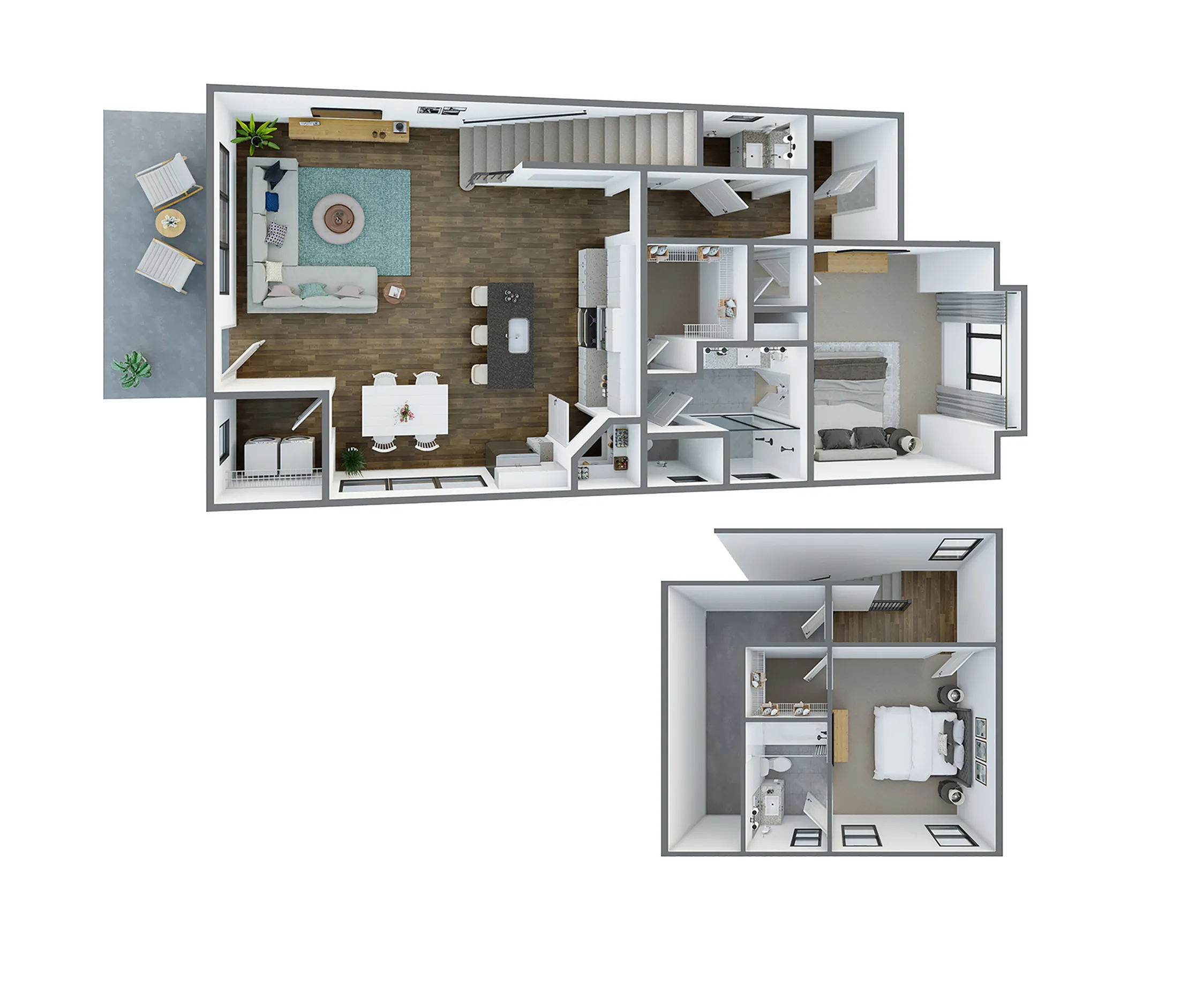 Contemporary floor plan showcasing 2 bedrooms, open-concept living and dining area, modern kitchen, and cozy outdoor patio.