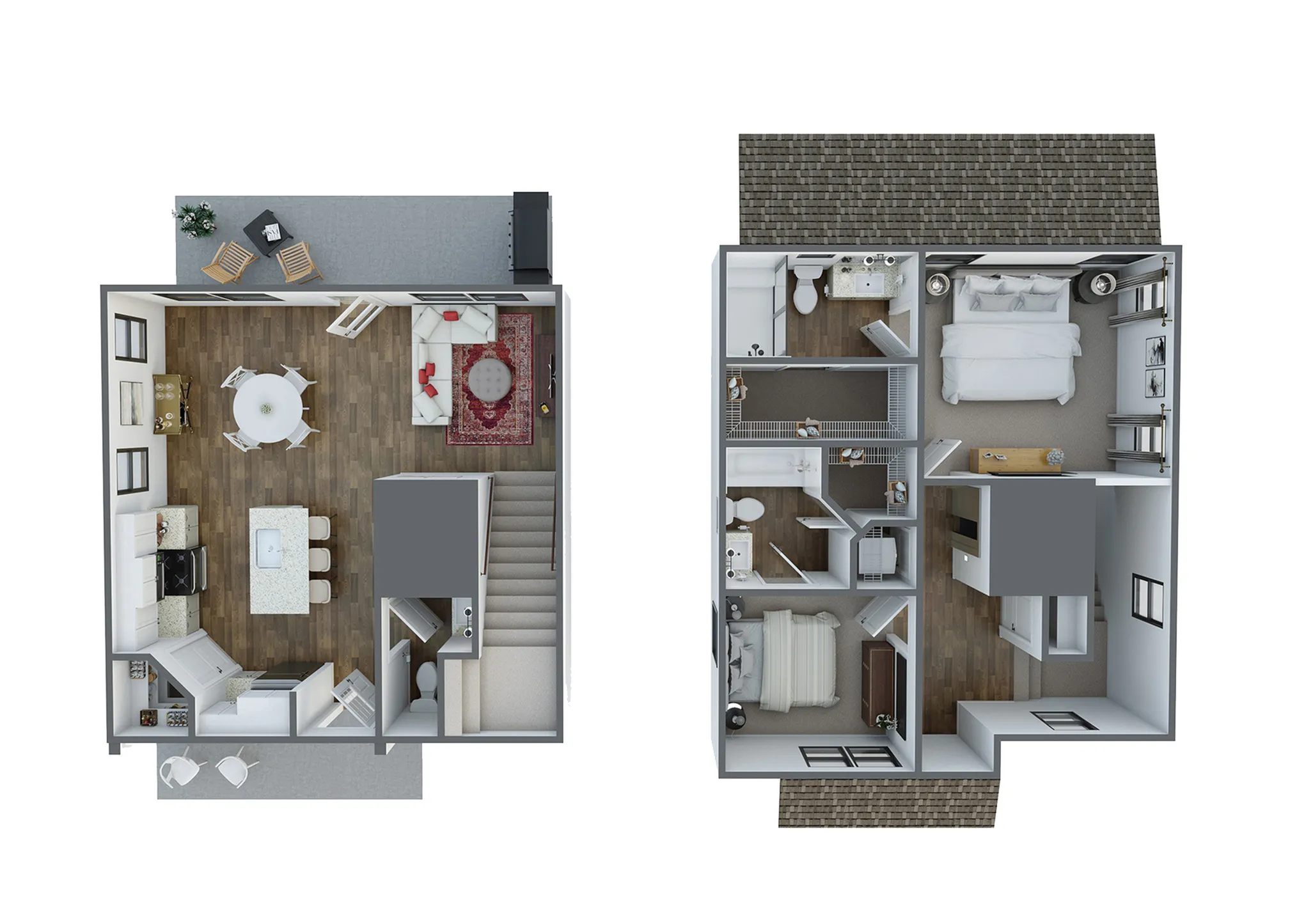 Charming 2D floor plan showcasing a two-story layout with two spacious bedrooms, elegant bathrooms, and an open-concept living and dining area accented by modern decor.