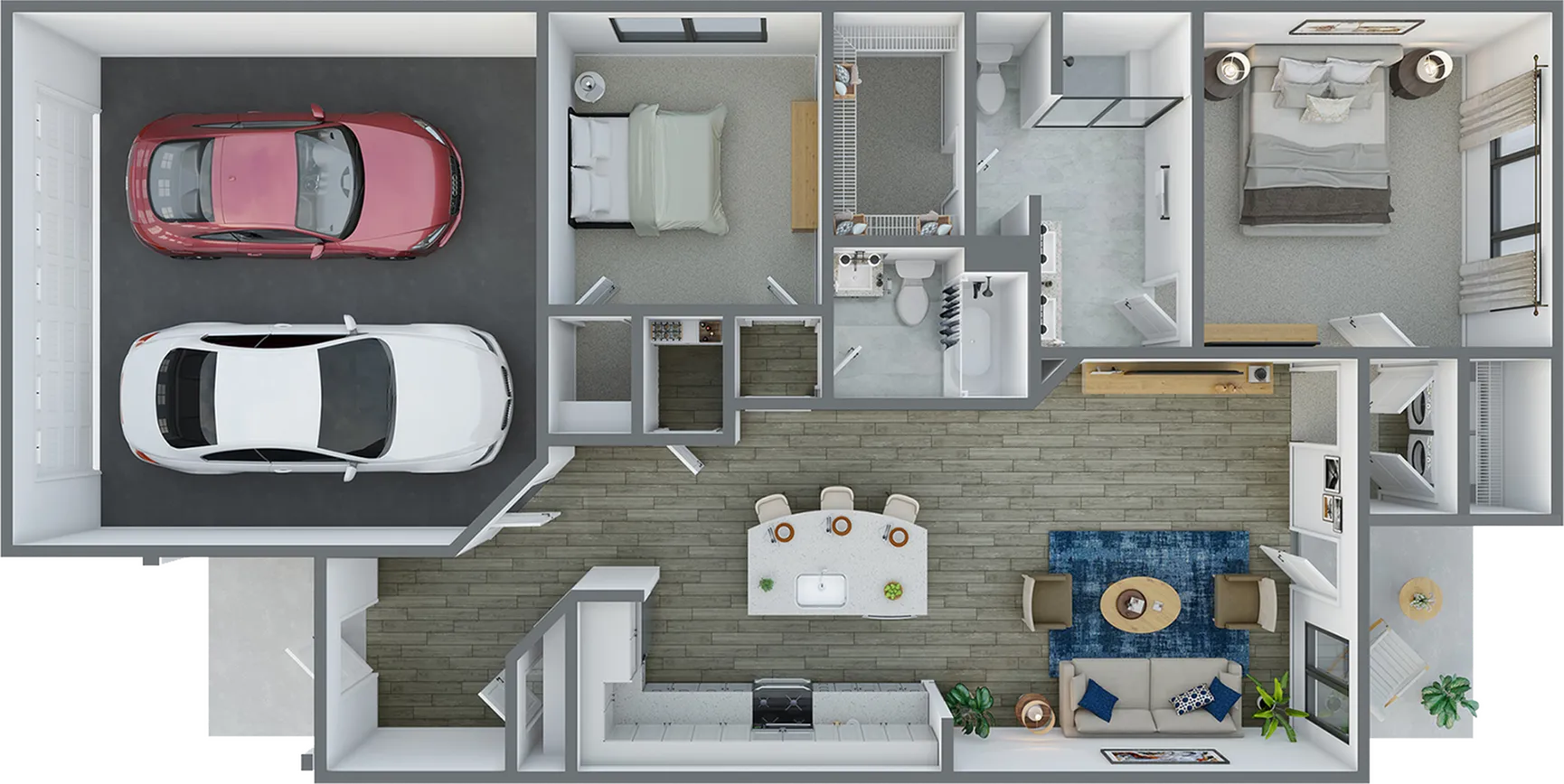 Modern floor plan featuring 2 bedrooms, 2 bathrooms, spacious living room, and kitchen with island. Includes a two-car garage.