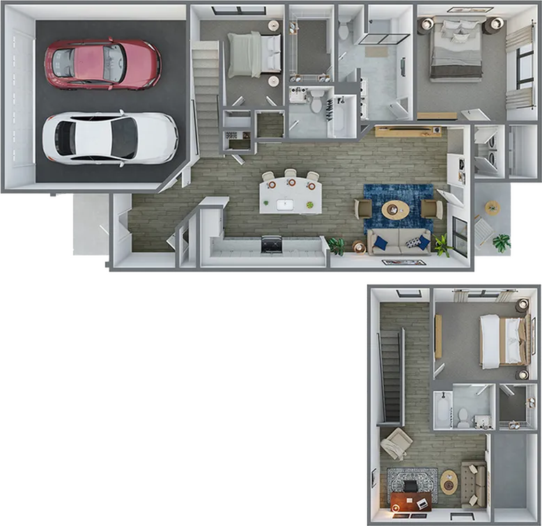 Modern 3D floor plan featuring 3 spacious bedrooms, an elegant living room, and a contemporary open kitchen, complete with double garage and stylish decor.