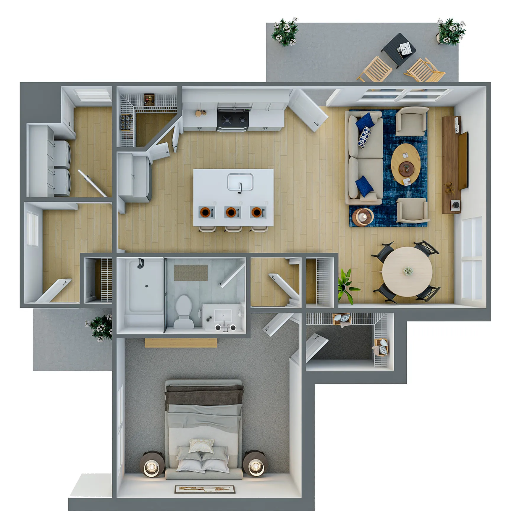 Elegant 1-bedroom apartment floor plan featuring an open-concept living room, modern kitchen with island seating, cozy dining area, and private balcony.