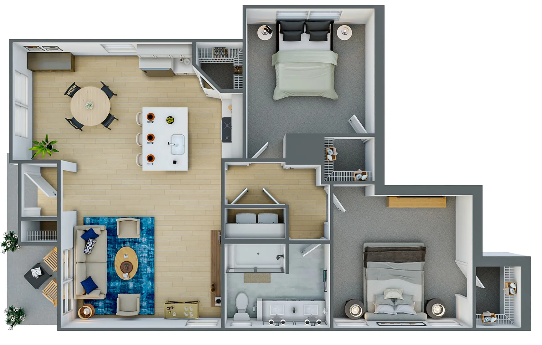 Modern 2D floor plan showcasing 2 bedrooms, a sleek kitchen with island, and a cozy living area, offering a stylish and functional layout.