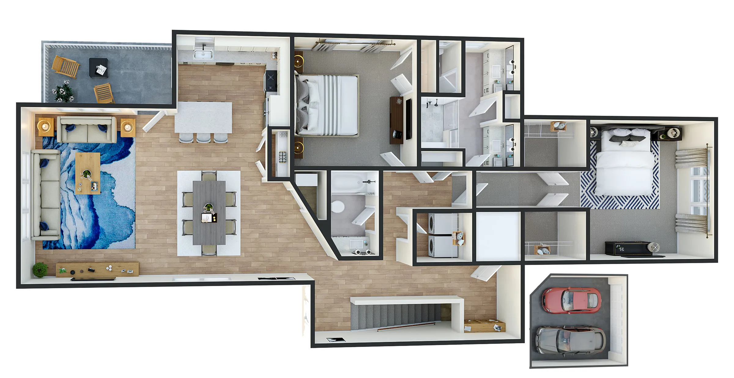 Modern 3D floor plan showcasing a spacious apartment with 2 bedrooms, open-concept living and dining area, fully equipped kitchen, and cozy patio, plus a 2-car garage.