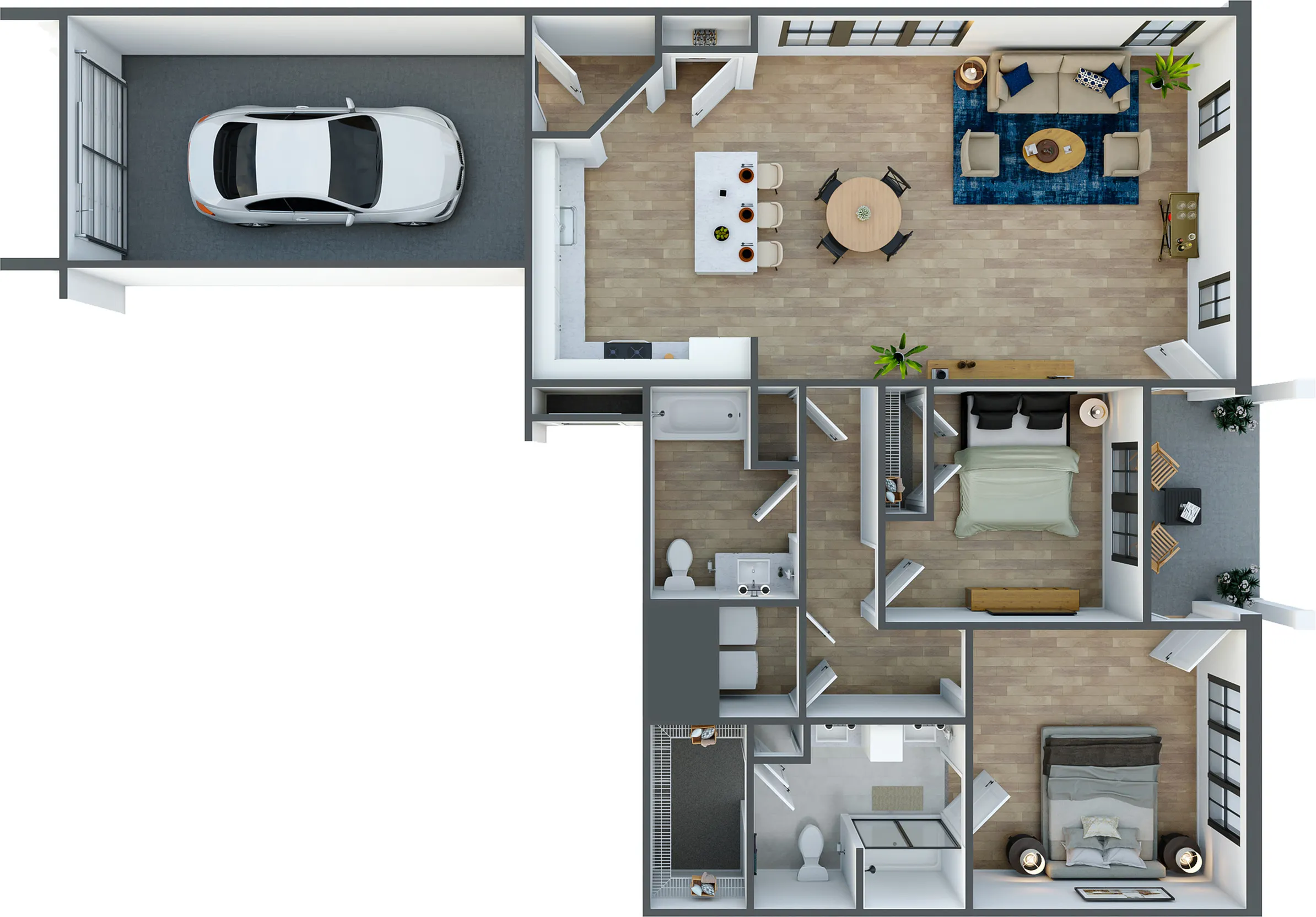 Modern 3D floor plan with two bedrooms, spacious living area, sleek kitchen, and attached garage for convenience.