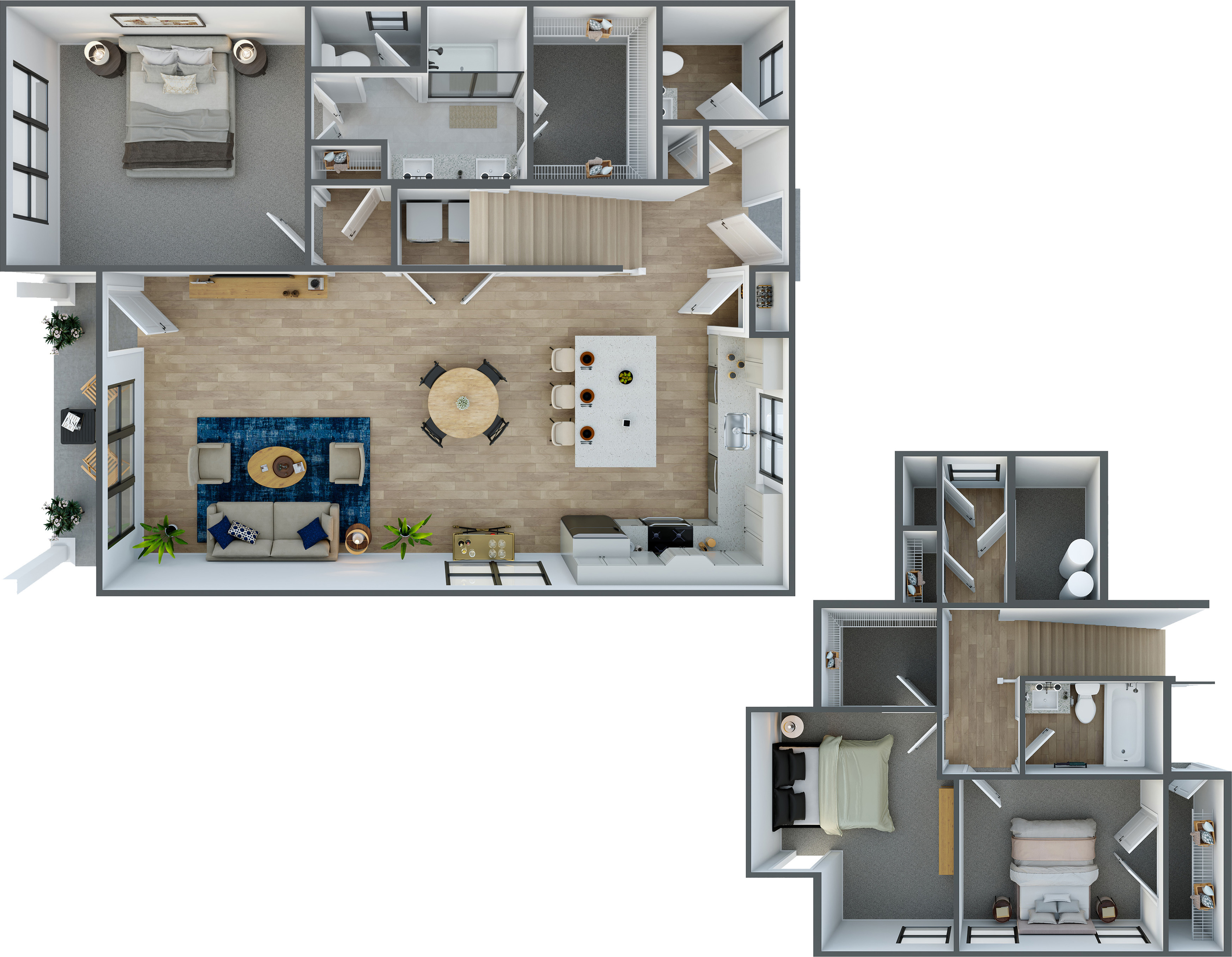 Chic two-level apartment floor plan showcasing three bedrooms, open living area, and a modern kitchen, ideal for stylish living.